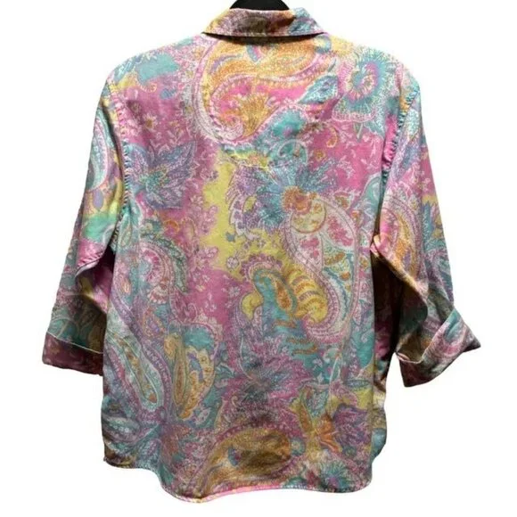 Lauren Ralph Lauren Women's Paisley Button-Up Shirt Size Large Vibrant Colors - Picture 2 of 7